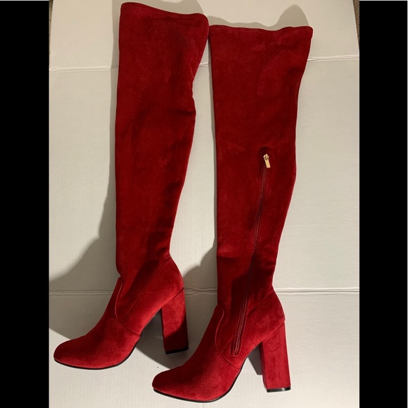NEW CHERRY RED FAUX SUEDE THIGH HIGH BOOTS - Picture 2 of 10